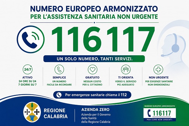 Sanità: dal 28/7 al via in Calabria il Numero Europeo Armonizzato 116117 per le cure non urgenti